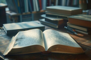Open book on antique wooden desk in soft morning light with reading glasses and blurred bookshelf background