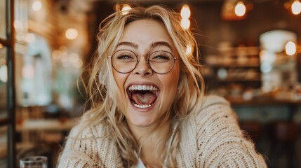 A Young blonde woman working in a small e-commerce business Her wild and surprised celebration with wide eyes. and screamed with excitement at the success