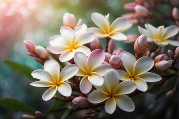 Fototapeta na wymiar Frangipani flowers with soft blurred background and copy space, floral summer and spring wallpaper