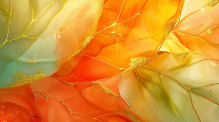 A vibrant blend of citrus colors in fluid art, with gold veins mimicking sunlight through leaves. Refreshing and modern design.