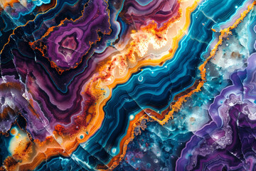 Marble onyx texture background. Abstract colorful marble pattern with agate crystals, with blue, purple and yellow veins - obrazy, fototapety, plakaty