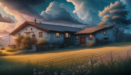 A rural house with its land in the foreground, thick cloudy sky AI Generated - obrazy, fototapety, plakaty