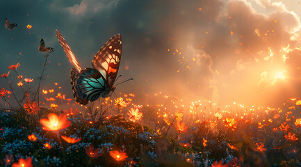 Whimsical Wonderland: Giant Butterflies and Tiny Dragons Dance Among Glowing Flowers
