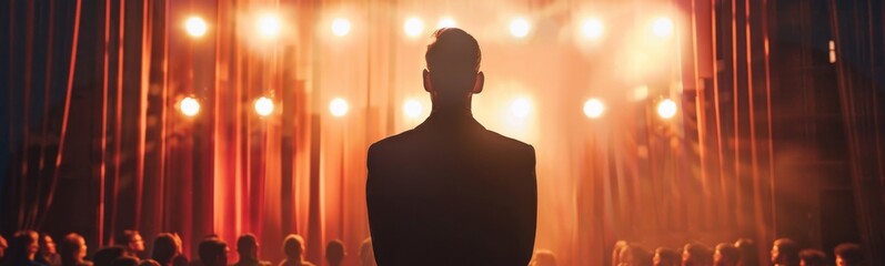 Someone is standing in front of a stage with a curtain. Magician concept background . Banner - obrazy, fototapety, plakaty