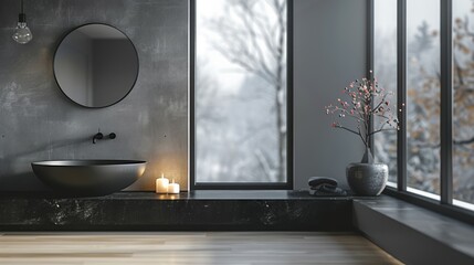 Side View, Medium View Distance, Minimalist Bathroom, Black Bordered Mirror Headlight, Black Marble Sink and Light Gray Wood Floor,  