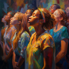 A Painting of a Diverse Group of Teenage Boys and Girls Standing Together With Their Eyes Closed in Prayer