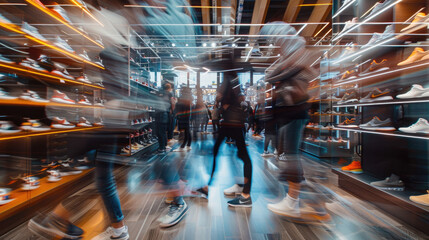 A picture capturing the flurry of activity at a shoe store during a new release, with customers' movements blurred as they try on and purchase footwear
