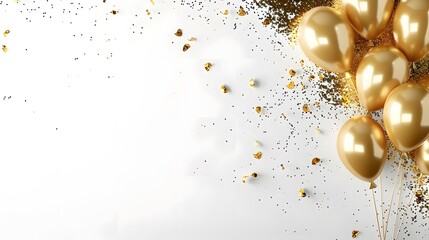 Gold fireworks abstract background, with shiny falling confetti and balloon on a white background. Party and celebration space for copy on the left. For Festivals, holidays, Design, Background, Cover,