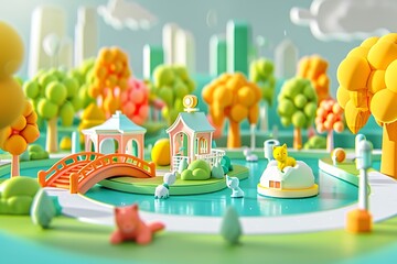: A 3D logo for a pet care brand, showcasing a playful scene of a park with bright colors, inviting pet owners to imagine their pets' joy.