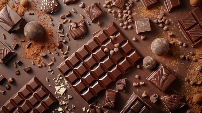 The concept of World Chocolate Day. Various chocolates. copy Space for text. chocolate background