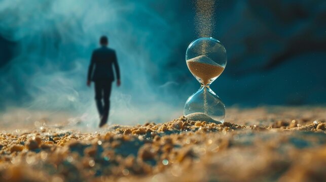 a businessperson racing against sand falling rapidly in a giant hourglass Each grain of sand represents tasks to be completed