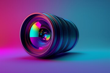 : A 3D logo for a photography studio, featuring a camera lens with a colorful spectrum that invites viewers to imagine the world through different perspectives. - obrazy, fototapety, plakaty