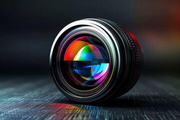 : A 3D logo for a photography studio, featuring a camera lens with a colorful spectrum that invites viewers to imagine the world through different perspectives. - obrazy, fototapety, plakaty