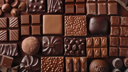 The concept of World Chocolate Day. Various chocolates. copy Space for text. chocolate background