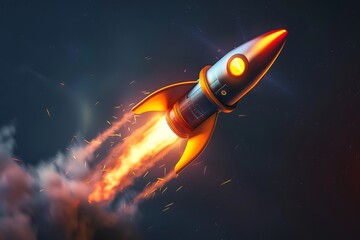 : A 3D logo for a space exploration company, depicting a rocket launch with dynamic lighting that creates a sense of anticipation and excitement.