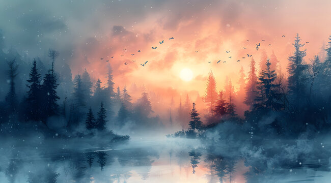 Winter Whispers: Watercolor Dawn Awakens Frosted Forest with Butterfly Ballet