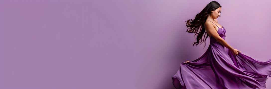Woman in flowing dress web banner. Woman in flowing dress isolated on purple background with copy space.