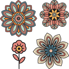 Four different colored flowers. Abstract four different colored flowers, outlined doodle design, flat colors, folk art. Decorative floral design elements.