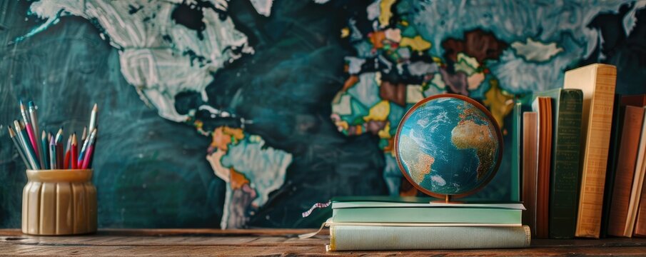 An educational featuring old books stacked, a world globe, and colorful pencils in a cup, showcasing a blend of vintage and modern learning tools.