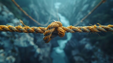A frayed and snapped rope hanging over a chasm, symbolizing the failure of life insurance to deliver promises, leaving policyholders and their families in precarious situations