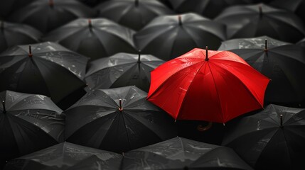 A red umbrella among a crowd of black umbrellas - Concept of success, of being special as a leader, with its own identity, having a difference, new ideas and special skills among the others