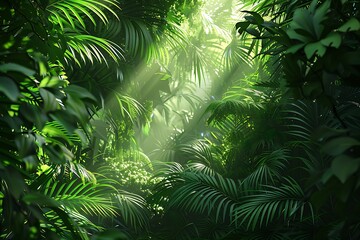 : A 3D vector depiction of a lush jungle, with the sunlight filtering through the dense foliage, casting a vibrant green hue on the scene.