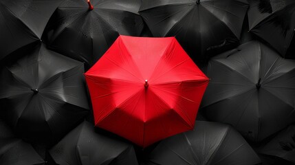 A red umbrella among a crowd of black umbrellas - Concept of success, of being special as a leader, with its own identity, having a difference, new ideas and special skills among the others