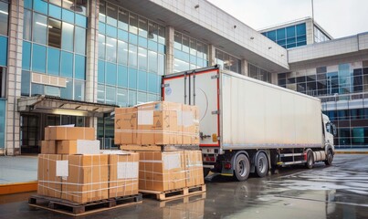 Industrial loading dock at a warehouse facility with an open truck being loaded with numerous cardboard boxes.