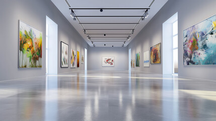 Beautiful paintings on minimalist white walls with lighting in a large hall. An indoor museum art gallery, artwork show, or modern art exhibition with no people. 