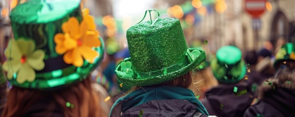 A festive crowd donning green hats gathers to celebrate Saint Patrick's Day, signaling joy and community - obrazy, fototapety, plakaty