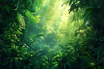 : A 3D vector depiction of a lush jungle, with the sunlight filtering through the dense foliage, casting a vibrant green hue on the scene.