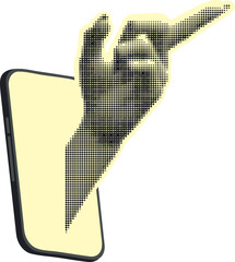 Halftone hand in the smartphone. Retro halftone human hand and smartphone illustration. - 790546145