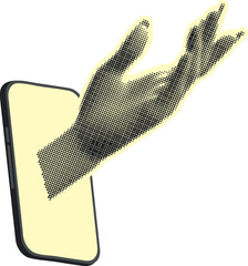 Halftone hand in the smartphone. Retro halftone human hand and smartphone illustration. - 790546324