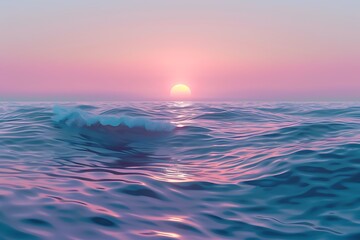 Fototapeta na wymiar : A 3D vector depiction of a tranquil ocean, with waves gently lapping against the shore under a pastel-colored sunset.