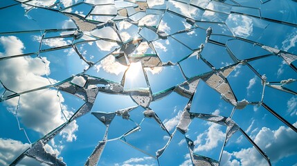 A large mirror cracked and fragmented, with each piece reflecting a different aspect of a companys operations, representing internal division and the disjointed execution of business strategies - obrazy, fototapety, plakaty