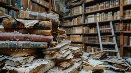 A library with books and papers covered in mould and mildew, illustrating the problems of paper preservation in humid or unfavorable conditions and the challenge of maintaining archives over time - obrazy, fototapety, plakaty
