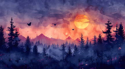Enchanted Twilight: Watercolor Painting Capturing Mystical Forest Edge at Dusk - obrazy, fototapety, plakaty