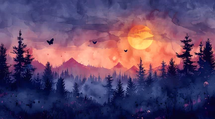 Fotobehang Enchanted Twilight: Watercolor Painting Capturing Mystical Forest Edge at Dusk © Thien Vu