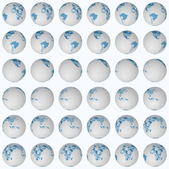 Collection of earth globes. Normal sphere view. Rotation step 10 degrees. Colored countries style. World map with graticule lines on light background. Grand vector illustration.
