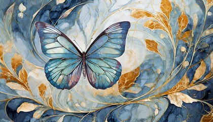 panel wall art, marble background with feather designs and butterfly silhouette,Ai Generate 