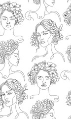 Line art woman with flowers on head. Floral feminine Illustration line drawing. Woman portrait with flowers on the head, line art style