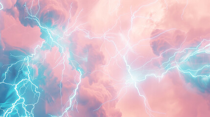 A soft, powder pink background is overlaid with plexus strands in a vivid, electric blue, creating a stark contrast that evokes the beauty of a lightning storm across a serene sky - obrazy, fototapety, plakaty