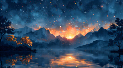 Indigo Dreamscape: Ethereal Watercolor Night Scene with Emerging Stars