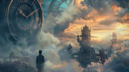Time travel Technology Background with Clock concept and Time Machine, Can rotate clock hands. Jump into the time portal in hours. Traveling in space and time. frozen time/clock - obrazy, fototapety, plakaty