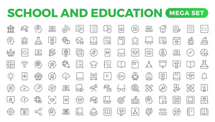 Fototapeta na wymiar Back to school icon set with different vector icons related to education, success, academic subjects, and more. Education Learning thin line set. Education, School, editable stroke icons.