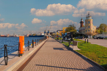 View of the infrastructure of the port of Gdansk, on the right the tower of the port master's office of Gdansk, Poland, Baltic Sea