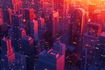 : A 3D vector representation of a bustling cityscape at dusk, with the setting sun casting a warm...