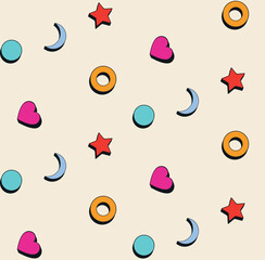 Pattern with heart star and circle. Crescent moon, circle, star and heart seamless pattern, neo brutalism style shapes.