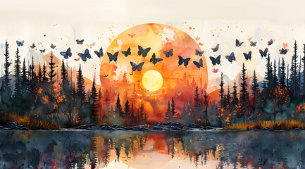 Migration Mosaic: Full Cycle of Butterfly Life in Panoramic Watercolor
