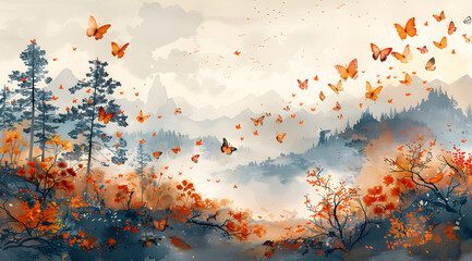 Seasonal Symphony: Panoramic Watercolor Showcase of Butterfly Migration